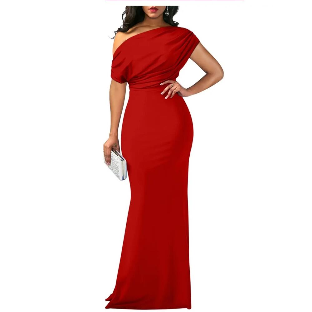 TikTok Shop Red Sleeveless Off Shoulder Bodycon Long Formal Party Evening Dress - Picture 2 of 12